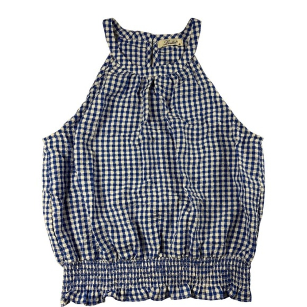 Larkin Blue White‎ Gingham Halter Neck Smocked Waist Top M
